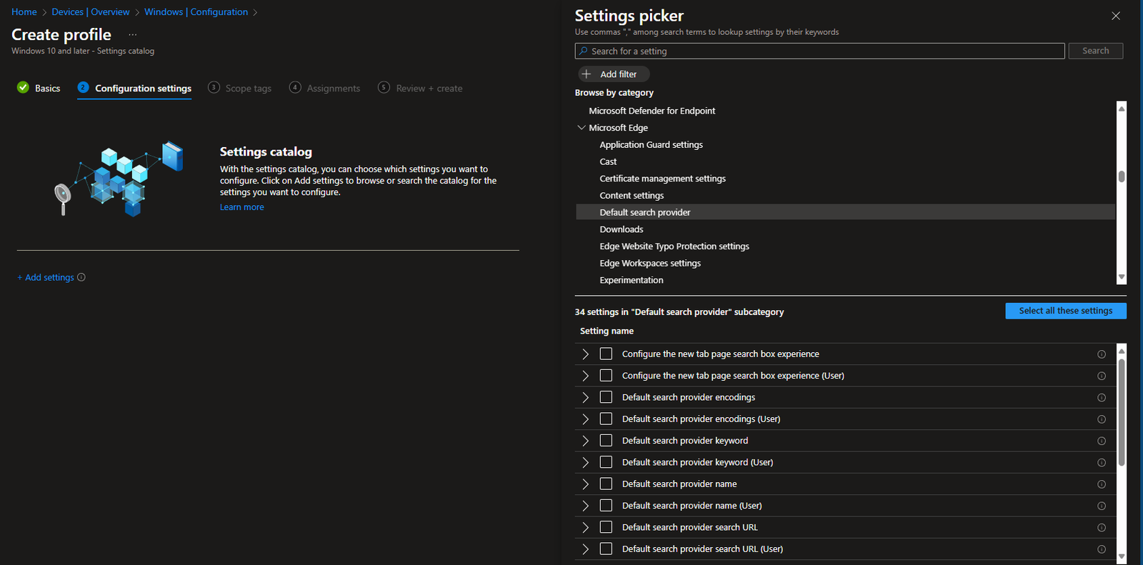 Setting Google search provider values for Edge